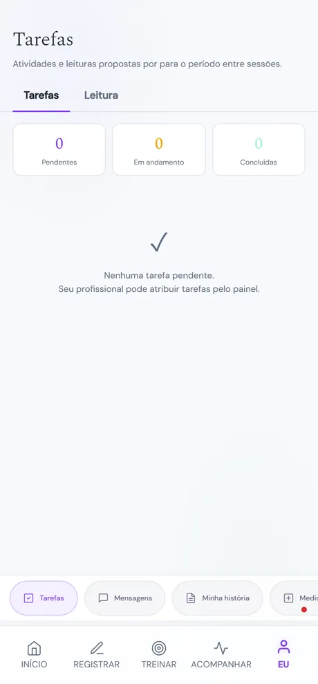 Tela Tarefas da Maré. No topo, o título 'Tarefas' e o subtítulo dizendo que são atividades e leituras propostas por quem acompanha a pessoa, para o período entre as sessões. Logo abaixo, duas abinhas: 'Tarefas' (selecionada) e 'Leitura'. O conteúdo mostra o estado da aba Tarefas.