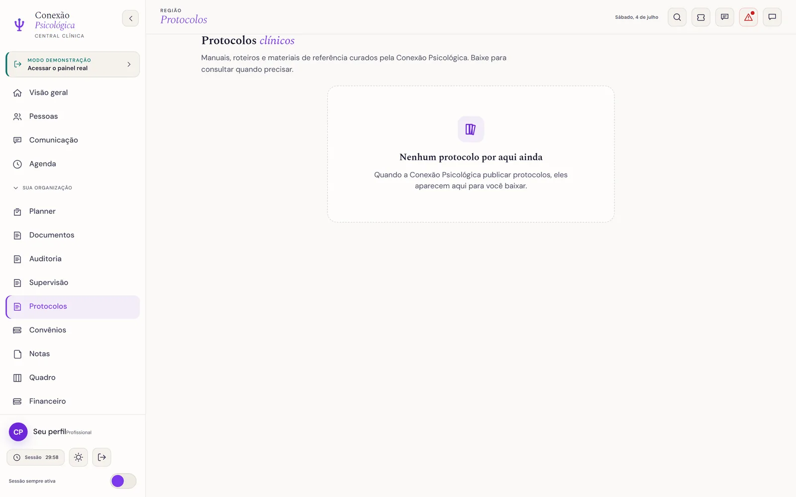 Tela real de Protocolos clínicos: chips de categoria e cards com título, descrição, tamanho, contador de downloads e o botão Baixar.