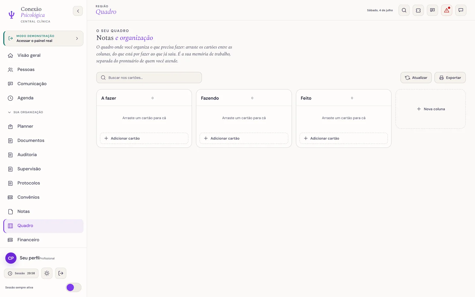 Tela real do Quadro: as colunas A fazer, Fazendo e Feito com contador de cartões, cartões arrastáveis e a barra com busca, Atualizar e Exportar.